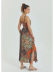 V Neck Robe Coffee Patterned Long Dress 4558
